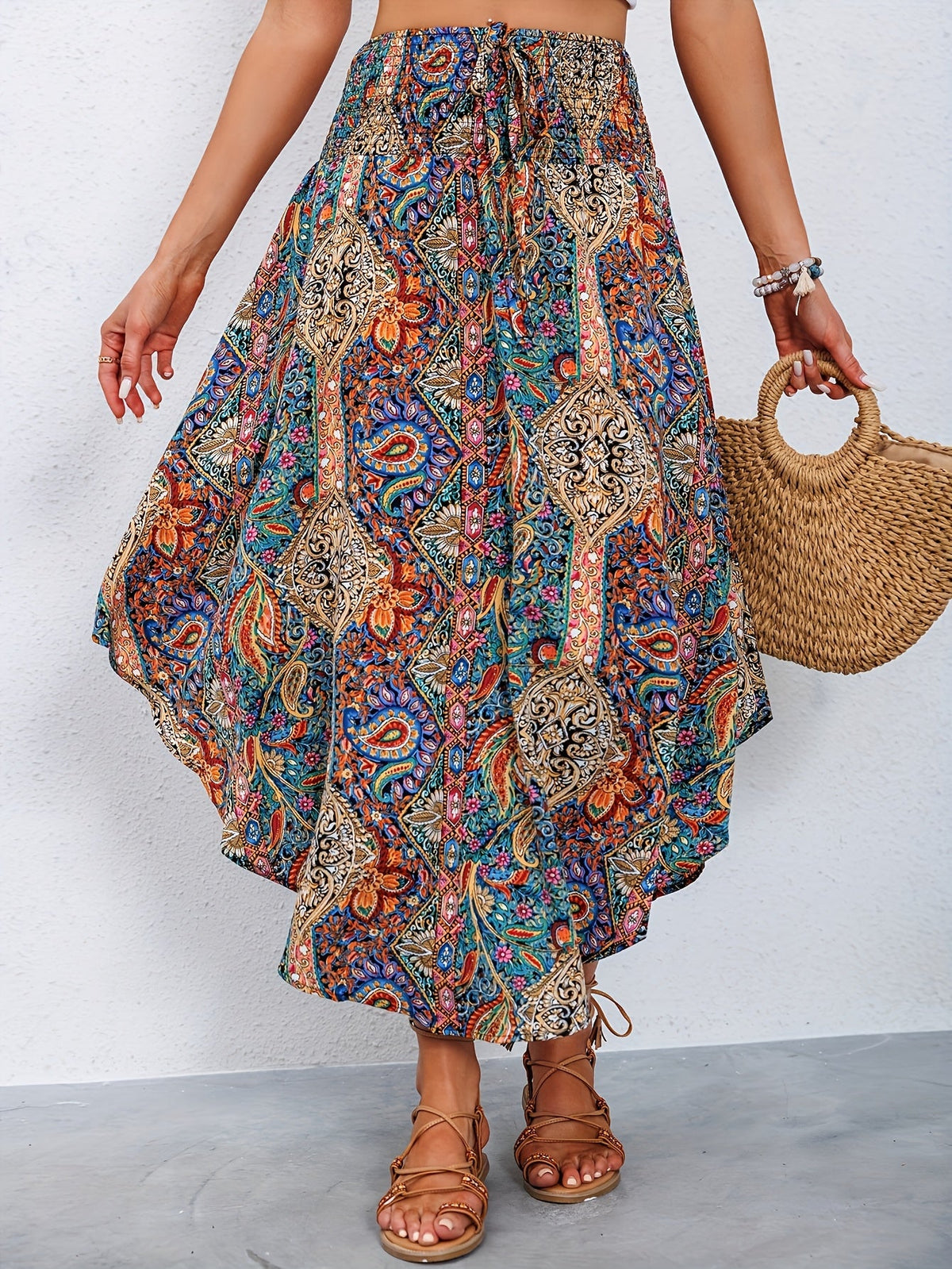 Women's High-Waisted Pleated Skirt – Stylish Printed Curved Hem Casual Midi Skirt for Summer, Spring & Everyday Wear