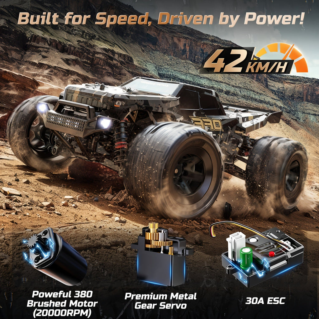 RC Monster Truck 1:16 Scale 42KM/H High Speed 4WD Off-Road Remote Control Car All Metal Drive System Dual 1500mAh Battery LED Headlights Wheelie Bar for Adults Kids