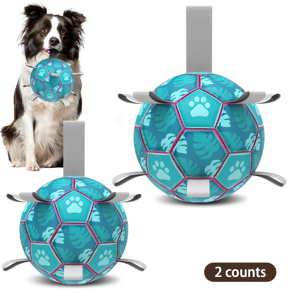 Dog Soccer Ball Toy with Straps Interactive Tug of War Football Dog Toy for Small Medium Breeds – Durable Bouncy Floating Puppy Ball for Indoor Outdoor and Water Play Fetch Training Exercise