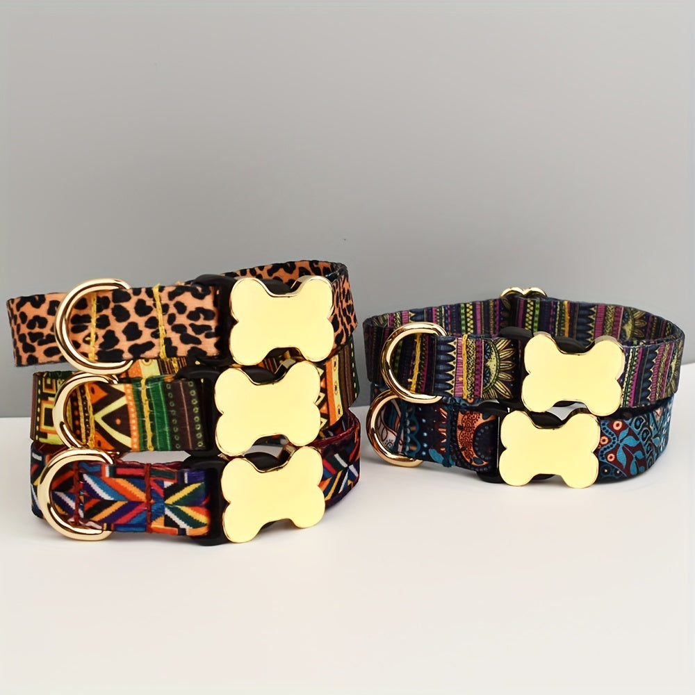Adjustable Polyester Dog Collar with Metal Bone Charm Decoration – Stylish Colorful Pet Collar for Small to Large Dogs, Sizes XS S M L XL, 6 Colors