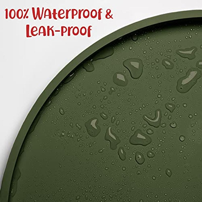 Waterproof Silicone Dog Bowl Mat with Raised Edges - Non-Slip Pet Feeding Mat for Food & Water, 19x11 Inch, Easy Clean No-Mess Floor Protector for Dogs & Cats, Khaki Green