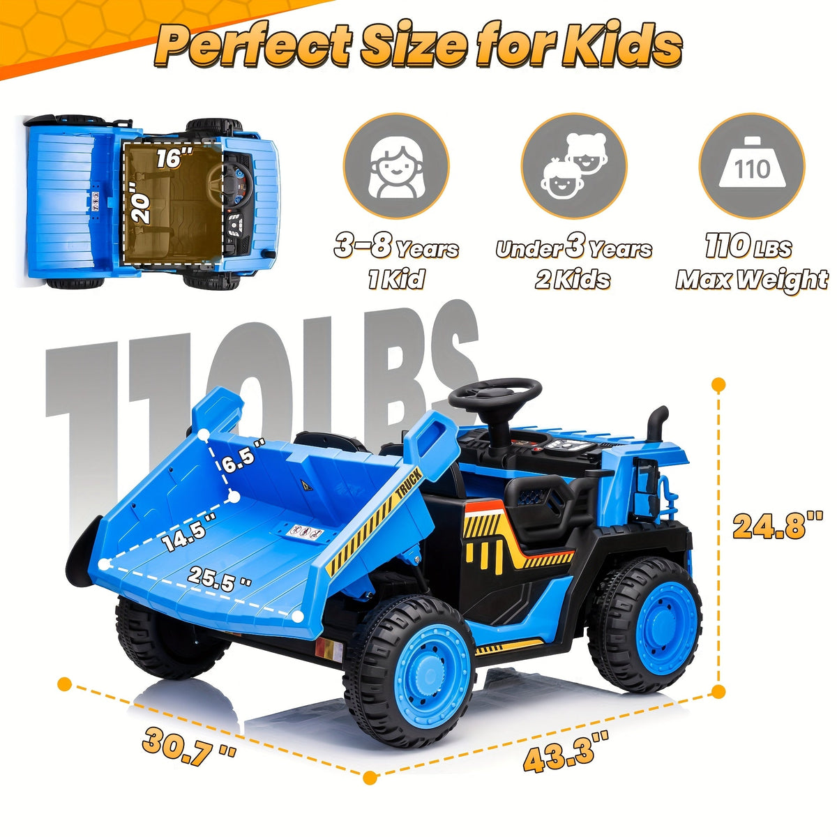24V 2-Seater Kids Ride-On Dump Truck with 2x200W Motors, Electric Auto-Lift Dump Bed, Shovel, 2.4G Remote Control, Spring Suspension, Seat Belt & Lockable Doors – 110 LB Capacity, 4.9MPH – Construction Ride-On Toy for Boys & Girls Ages 3-8
