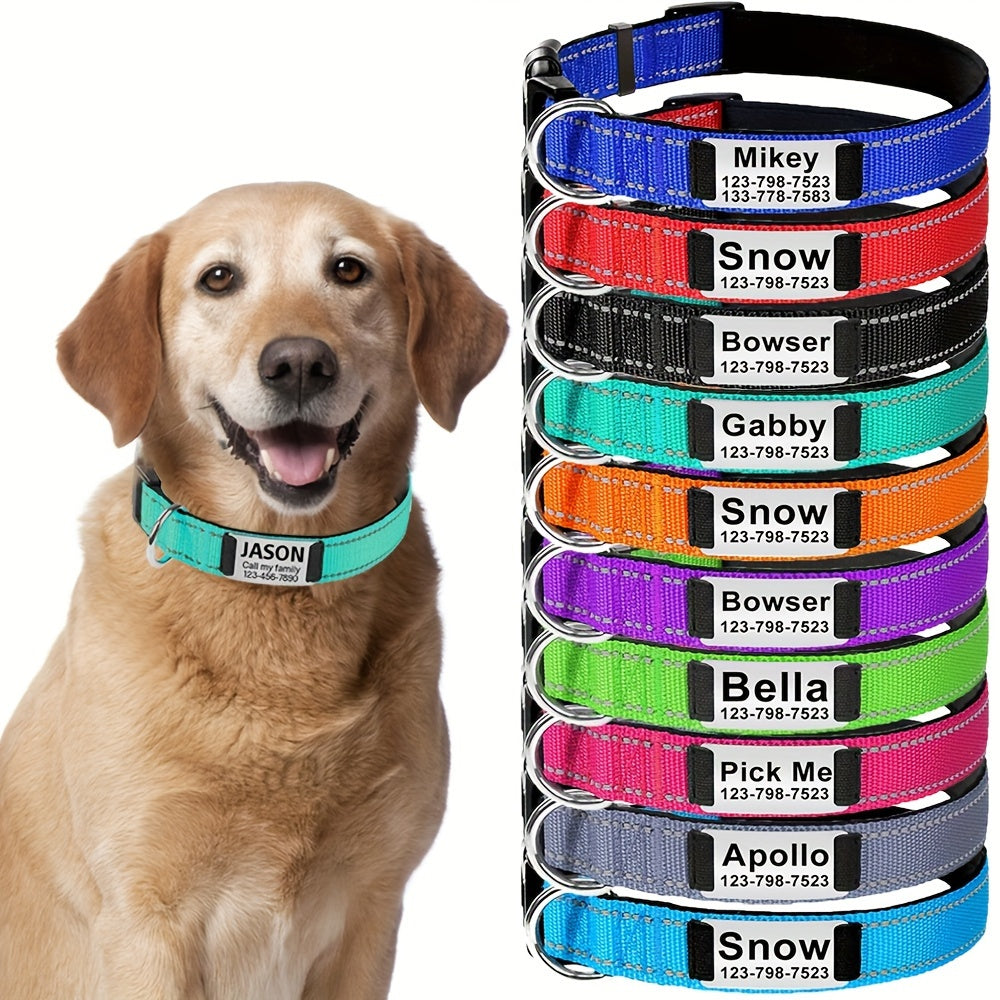 Customizable Reflective Dog Collar with Personalized Name Plate - Padded Nylon Comfort Fit, 12 Color Options, Engraved ID Tag Alternative for Small Medium & Large Dogs, Perfect Personalized Dog Gift for Dog Lovers