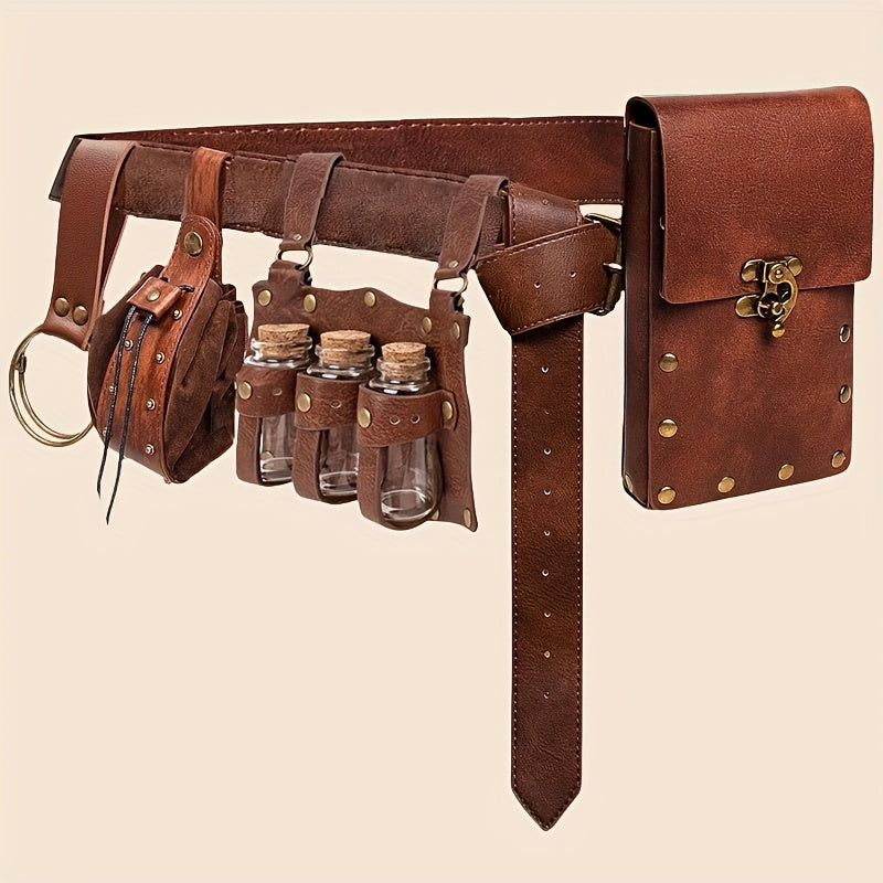 Viking Medieval Waist Bag Set 5 Piece Faux Leather Pouch with Glass Vials Buckles Straps Vintage Costume Accessory for Halloween Cosplay Renaissance Faire LARP Role Playing Black Brown