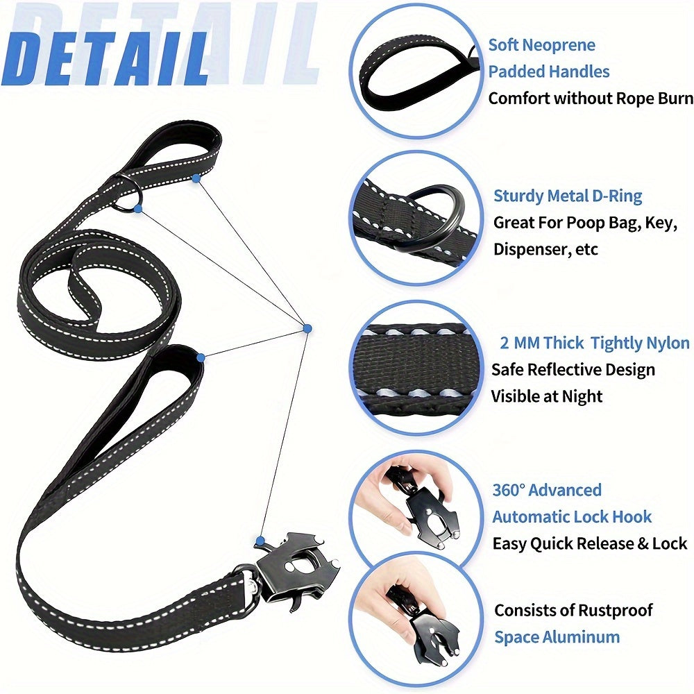 6ft Heavy Duty Dog Leash with Double Handles & Tactical Frog Clip – Reflective Rope Training Leash with Quick Release Locking Clip for Medium & Large Dogs, 11 Colors Available