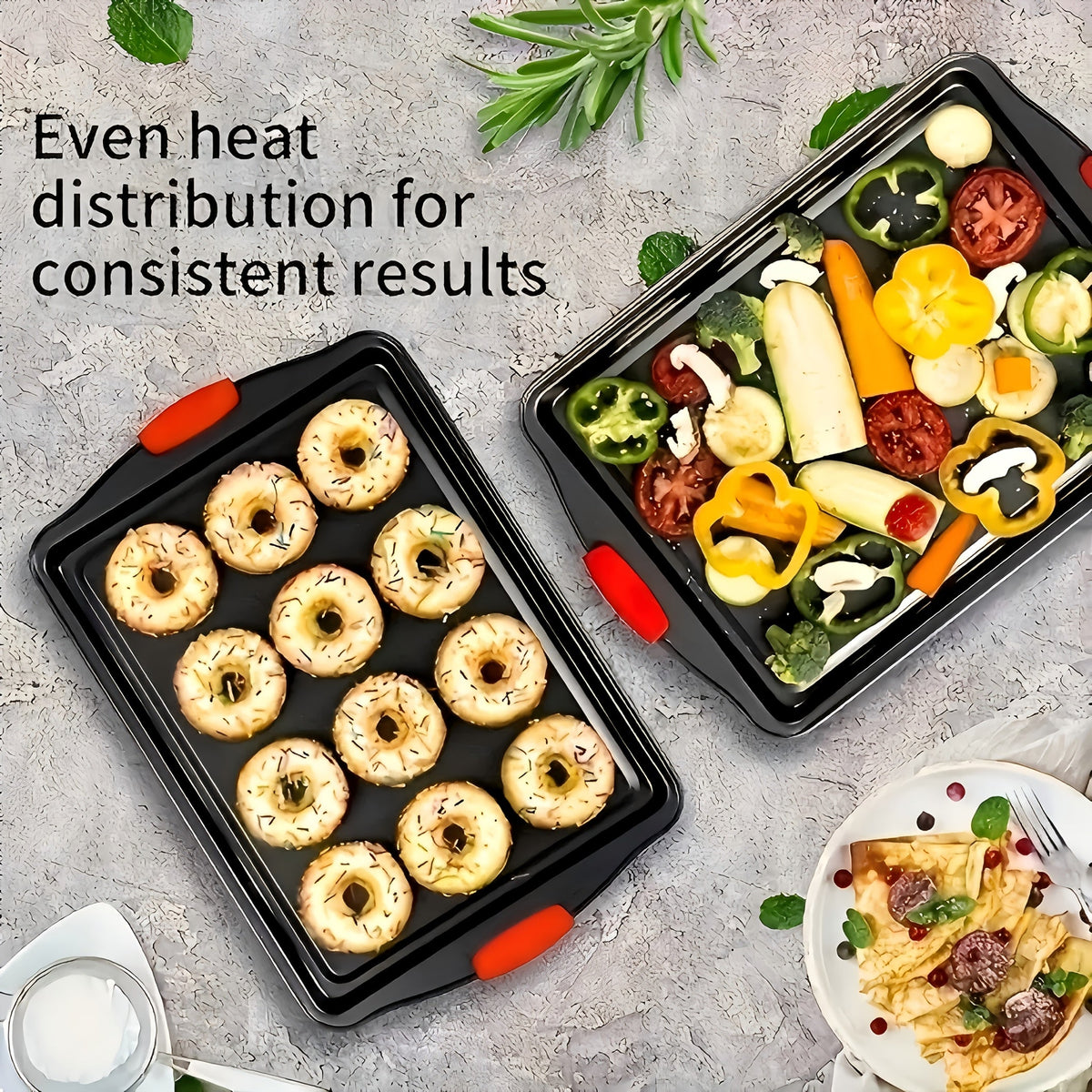 Carbon Steel Non-Stick Baking Pan Set 3-Piece – Commercial Restaurant Grade Oven Safe Bakeware with Red Silicone Handle Double-Sided Coating Sheet Pan Cookie Tray Roasting Pan