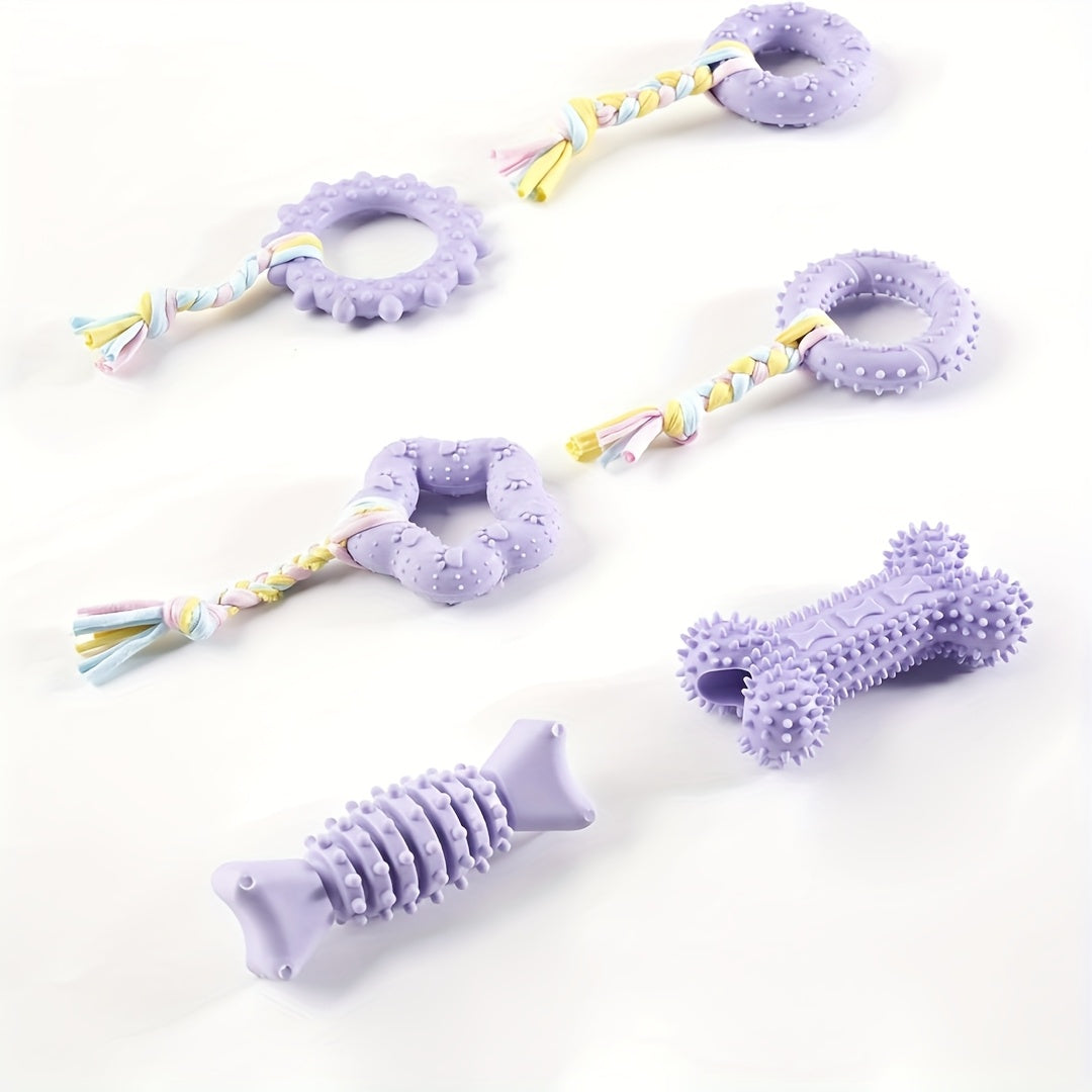 Soft Rubber Dog Chew Toys 6pcs – Teething Toys for Small Dogs, Interactive Teeth Cleaning Chew Set, 4 Colors: Purple, Green, Blue, Pink