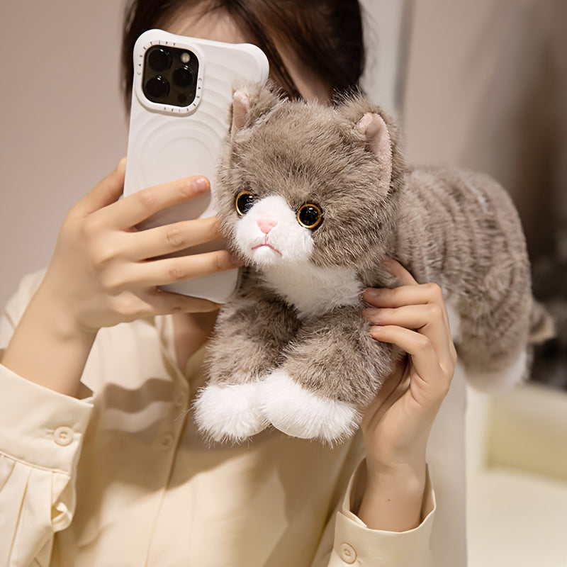Realistic Cat Plush Toy Stuffed Animal - Cute Kitten Plushies for Kids, Soft Lifelike Cat Plush Doll in 6 Colors (Brown, Grey, Orange, Black, Black & White, White), Gift for Boys and Girls All Ages