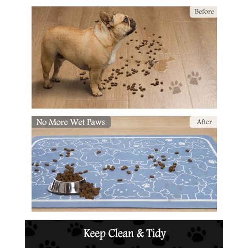 Absorbent Pet Feeding Mat for Food and Water Bowls 12x19 Inch - Quick-Dry Non-Slip Floor Protector for Messy Dogs Cats Drinkers - Waterproof Dog Bowl Mat Pet Placemat Blue Washable