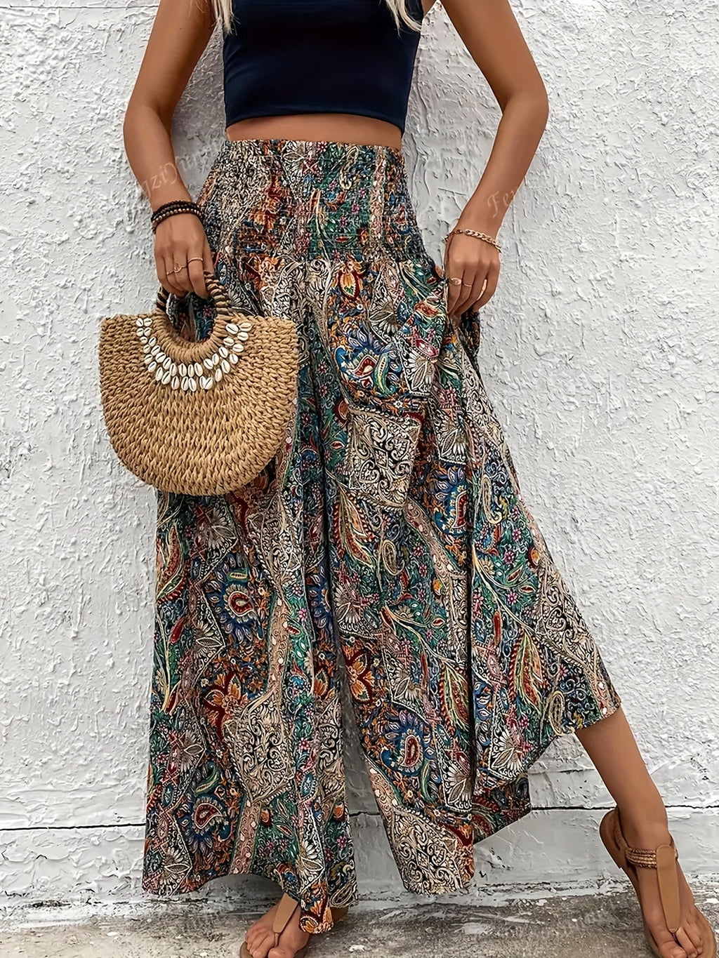 Women's Bohemian Wide Leg Pants High Waist Elastic Waist Paisley Floral Print Casual Flowy Trousers Spring Summer Fall S M L XL Multicolor