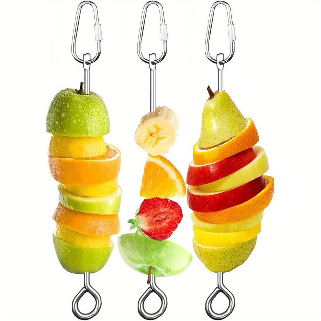 Stainless Steel Parrot Fruit Vegetable Skewer Feeder for Bird Cage - Food Holder Foraging Toy with Carabiner Clip for Parakeet Budgie Cockatiel Conure Macaw - Bird Cage Feeding Accessory 10 inch