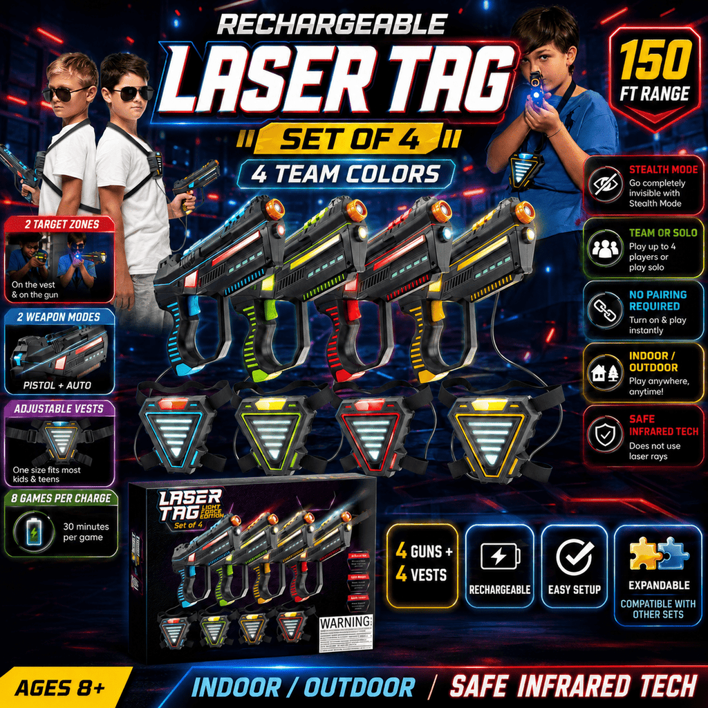 Laser Tag Set for Kids 4 Player Rechargeable Game with 4 Blasters & 4 Adjustable Vests, 150-Ft Infrared Range, Charging Hub, Stealth Mode, 2 Weapon Modes – Indoor Outdoor Birthday Gift for Ages 8+