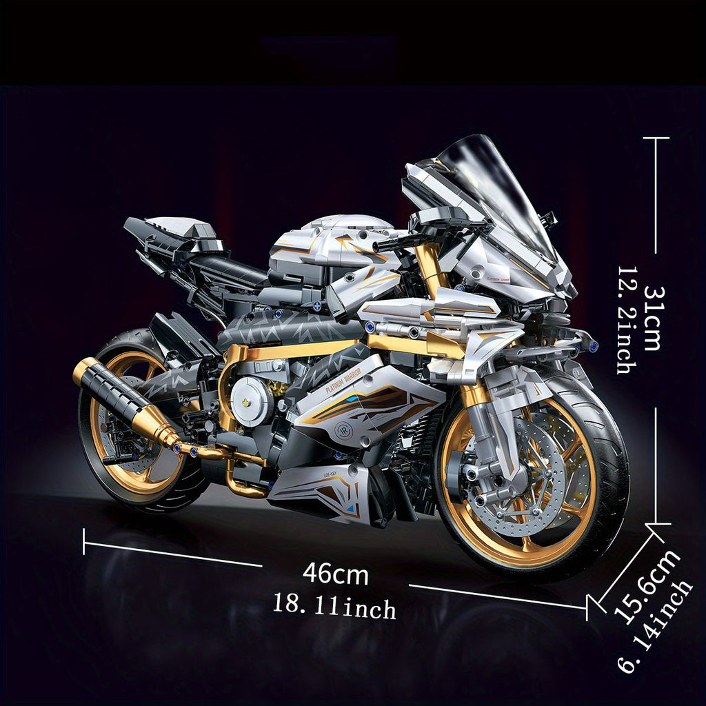 1:5 Scale Platinum Motorcycle Building Blocks Model - 2000+ Pieces, Easy Assembly, Gold & White Display Model, Cool Gift for Men, Adults & Teens for Birthday, Christmas & Holiday