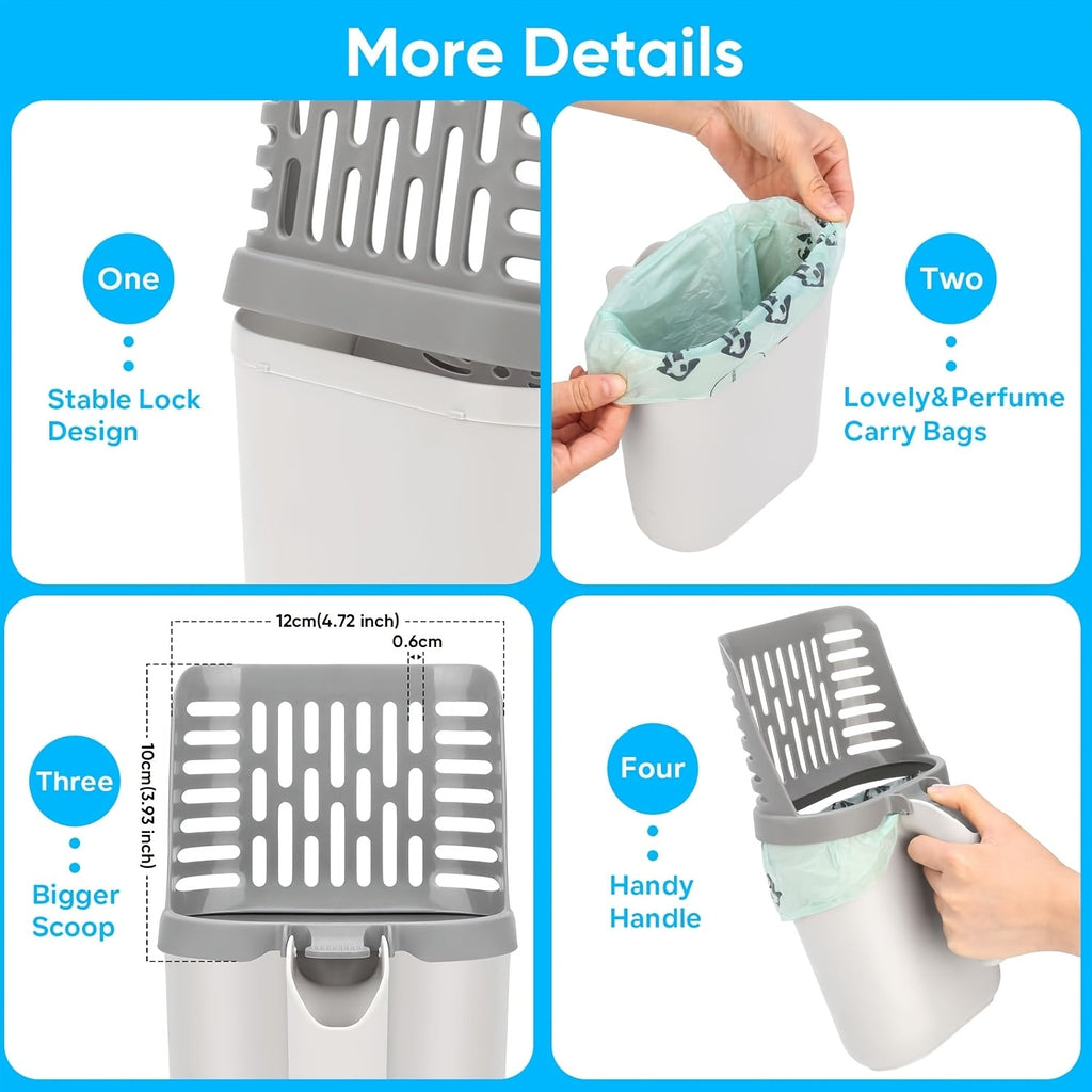 Cat Litter Scoop with Stand & Spare Bag – Large Capacity Spill-Proof Scooper, Seamless Construction, Sturdy Base, Easy Clean Waste Disposal for Multi-Cat Homes & Travel, Grey White