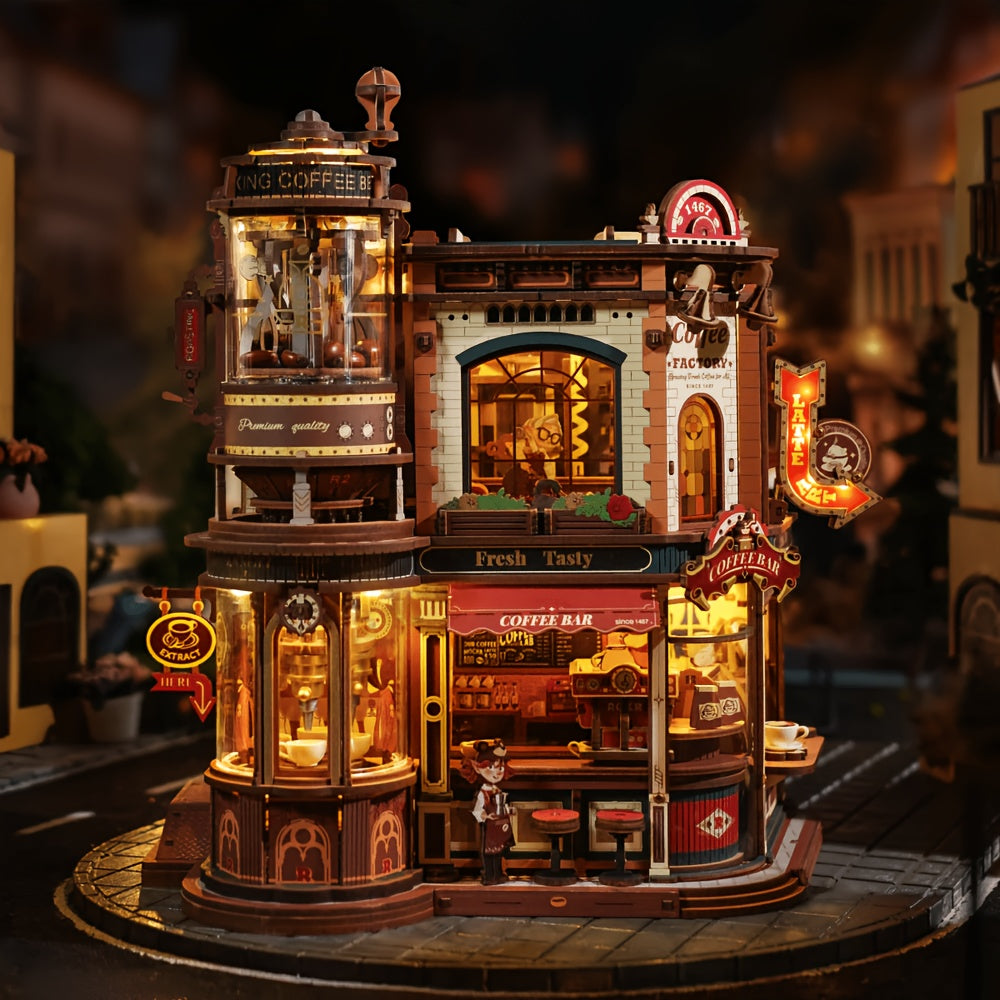 ROBOTIME 3D Wooden Puzzle Dream Coffee Factory Model with Mechanical Moving Parts, LED Lighting & Music - Wood Desk Decor Building Kit, Creative Gift for Hobbyists, Adults & Office Display