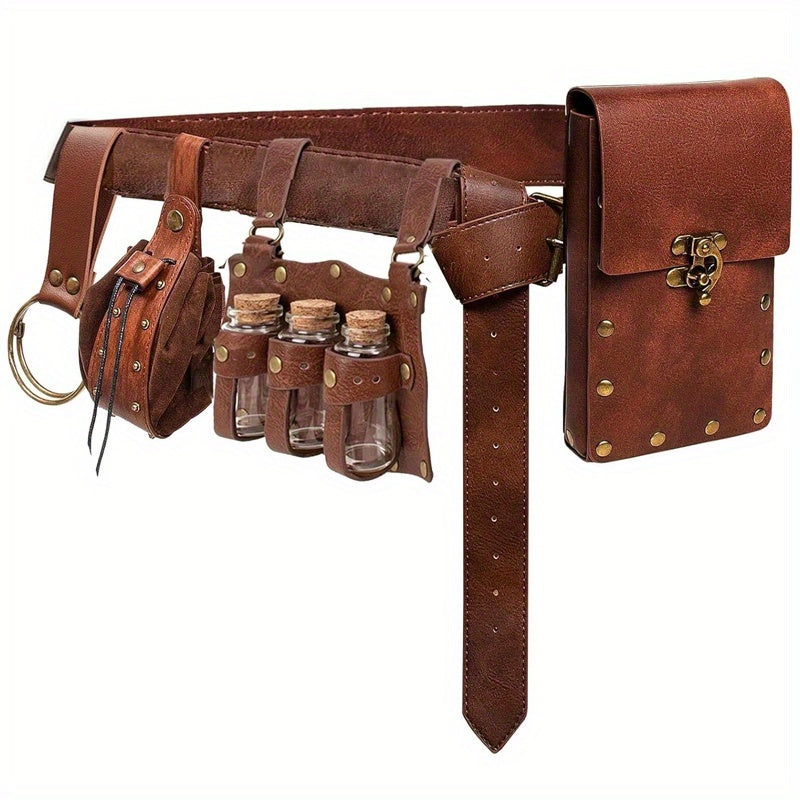 Viking Medieval Waist Bag Set 5 Piece Faux Leather Pouch with Glass Vials Buckles Straps Vintage Costume Accessory for Halloween Cosplay Renaissance Faire LARP Role Playing Black Brown