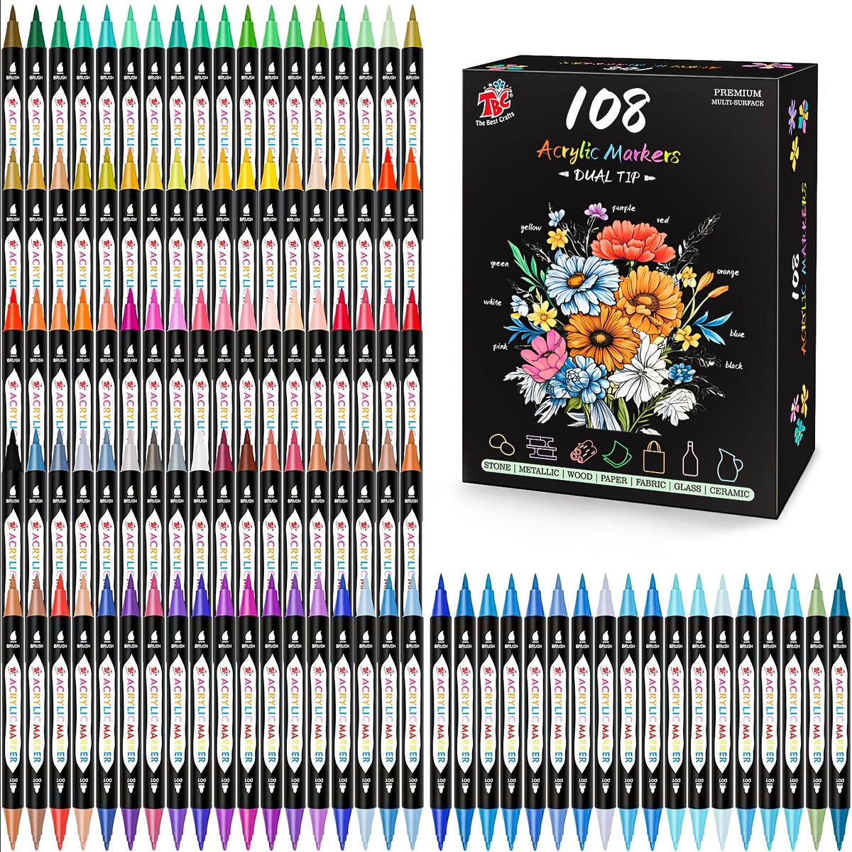 Dual Tip Acrylic Paint Markers Set 48 72 108 Colors Non-Toxic Odorless Permanent Paint Pens for Rock Painting Canvas Wood Glass Ceramic Fabric Stone Paper DIY Art Craft Supplies for Adults Kids