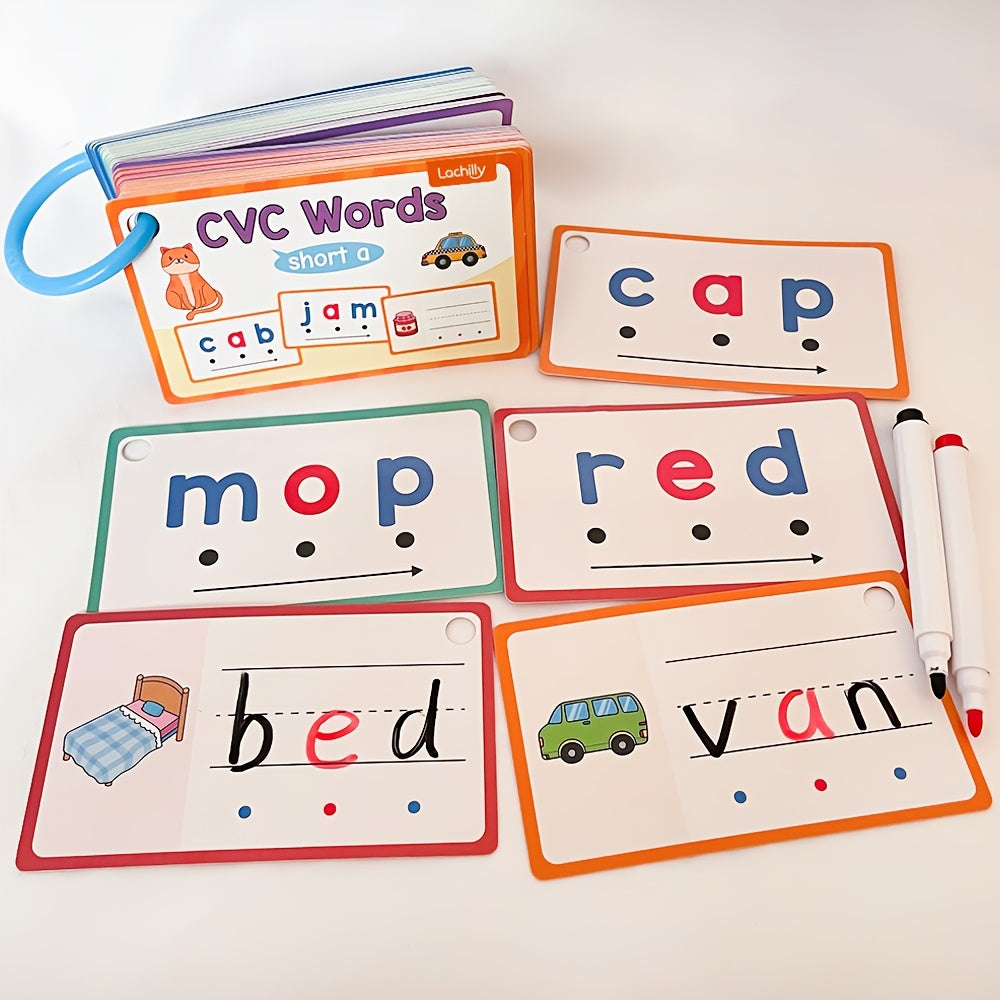 60 Pcs Erasable CVC Word Phonics Flash Cards for Kids Kindergarten Preschool Reading Spelling Learning Aids Beginning Readers Word Builders Mixed Colors Classroom Homeschool Supplies Gift