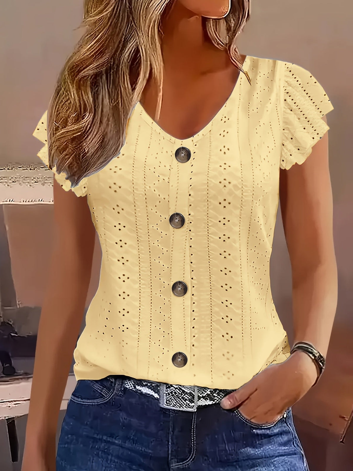 Eyelet Embroidery Button Front V-Neck Cap Sleeve Top Women Solid Color Casual Summer Shirt Breathable Lightweight Blouse S-XXL Multiple Colors