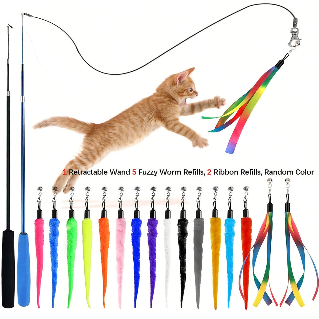 Interactive Cat Teaser Wand Toy Set 8pcs – Retractable Wand with 5 Fuzzy Worm Refills & 2 Ribbon Refills, Detachable Bell, No Battery Needed, Suitable for All Cats & Kittens