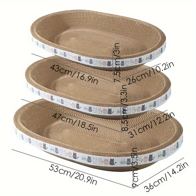 Oval Cat Scratching Board & Lounge Bed – 3-Pack Durable Cardboard Cat Scratcher with Resting Area, 3 Sizes S/M/L for Indoor Cats & Kittens, Space-Saving Flat Design