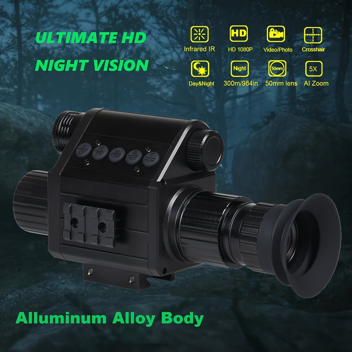 Digital Night Vision Scope for Hunting – Infrared Riflescope Monocular, 5X Zoom, HD 1080P Video Recording, 32GB TF Card & 2600mAh Battery, Built-In Reticle for Hunting, Camping & Wild Adventure