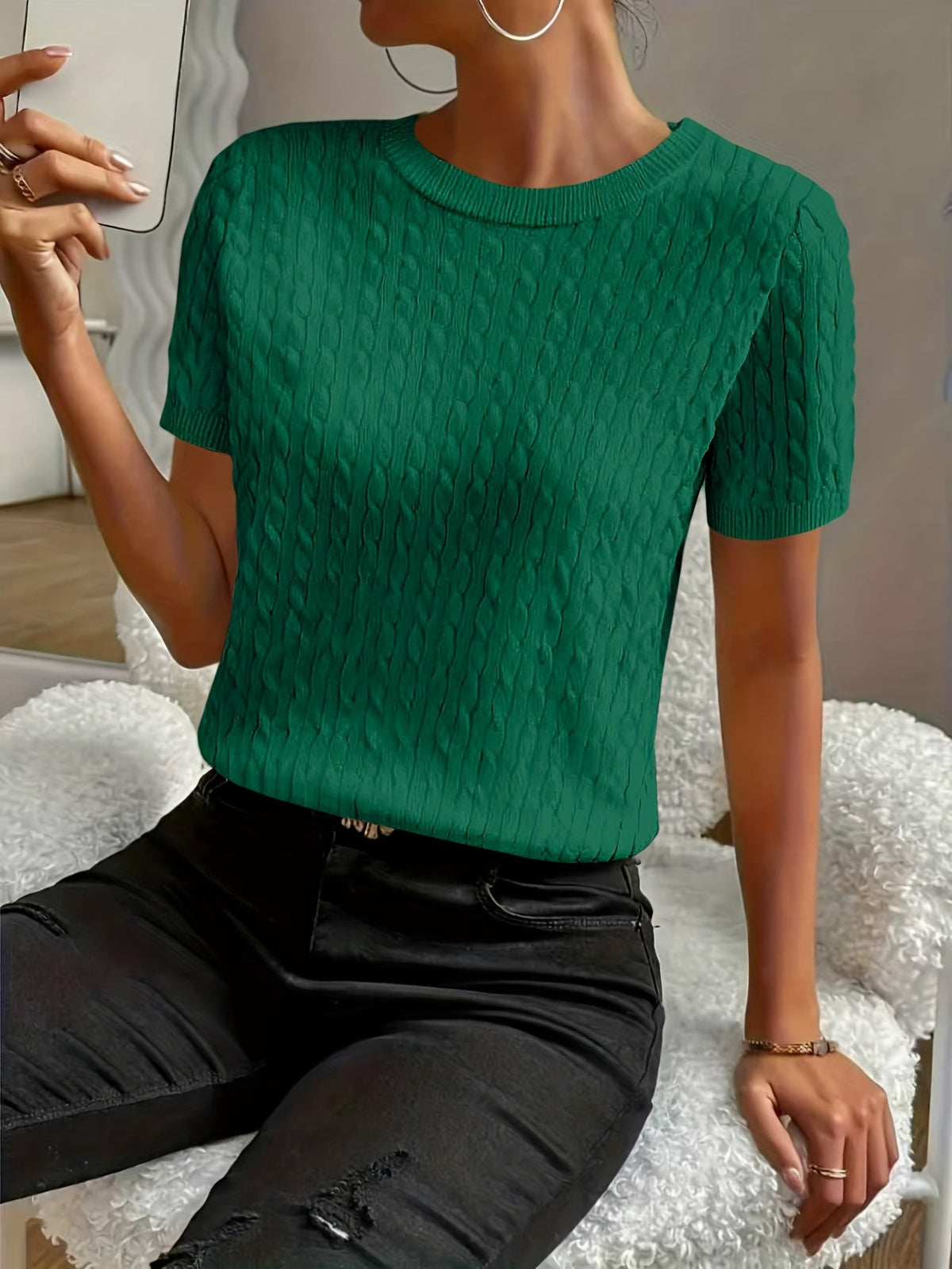 Women's Ribbed Knit Short Sleeve Pullover Top | Crew Neck Minimalist Casual Summer T-Shirt Versatile Stretch Comfort