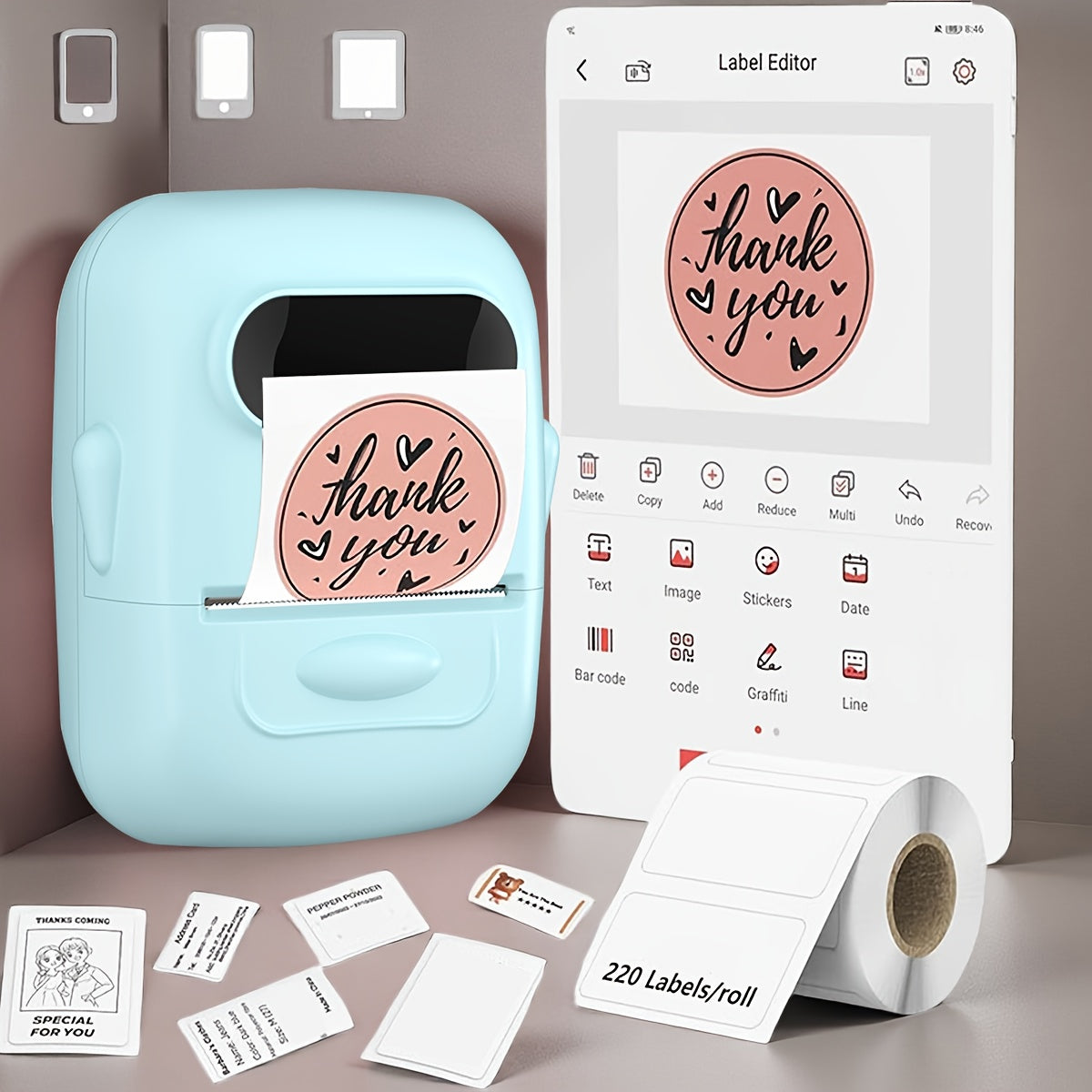 Wireless Thermal Label Maker – No Ink Required, Multiple Templates, Bluetooth Label Printer for Storage Organization Home Office School Supplies, Pink White Blue