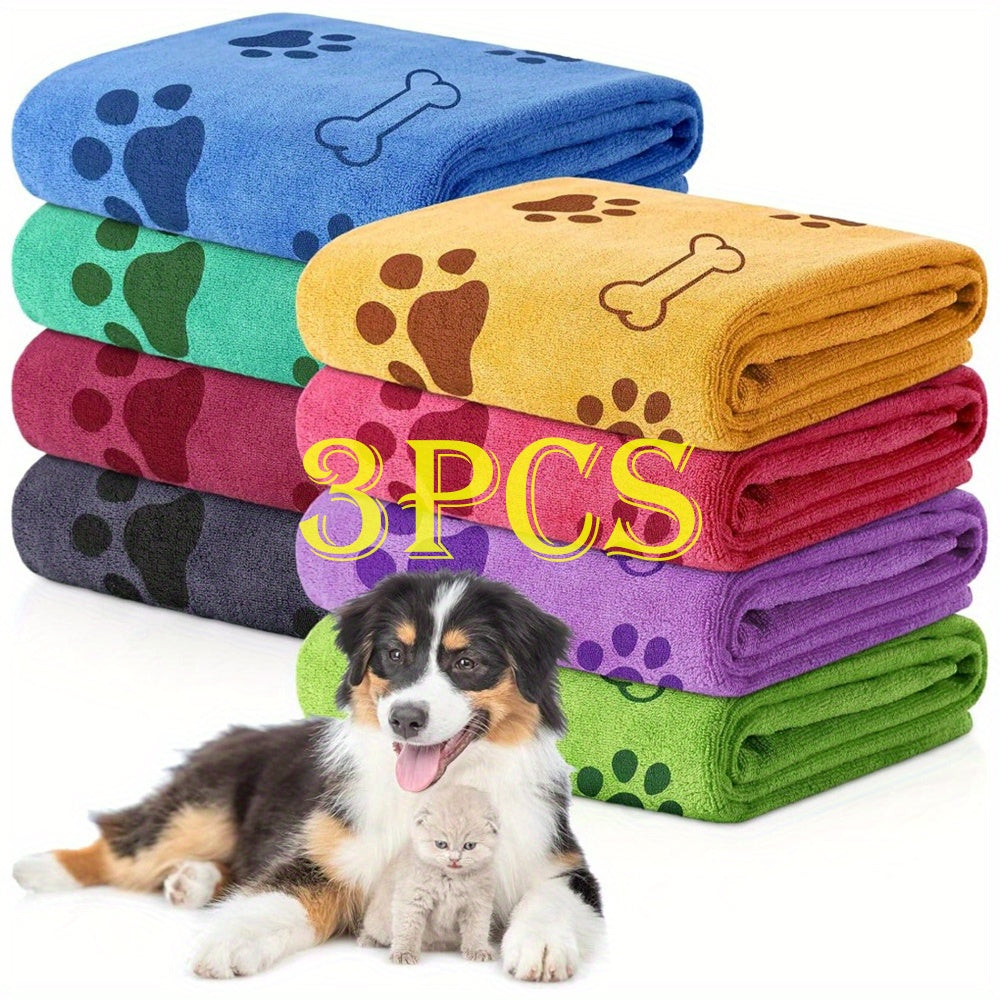 Quick-Dry Pet Towels 3-Pack – Soft Absorbent Microfiber Dog Bath Towels with Cute Paw Print Design, Fast-Drying Bathing Supplies for Small Medium Large Dogs and Cats, Random Colors
