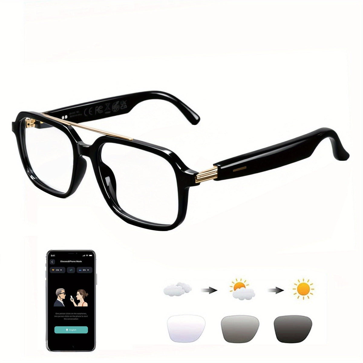 AI Smart Glasses Real-Time Translation 160+ Languages ChatGPT System Bluetooth 5.3 Built-in Mic Speaker – HD Voice Calls HiFi Music Smart Audio Glasses Unisex Men Women