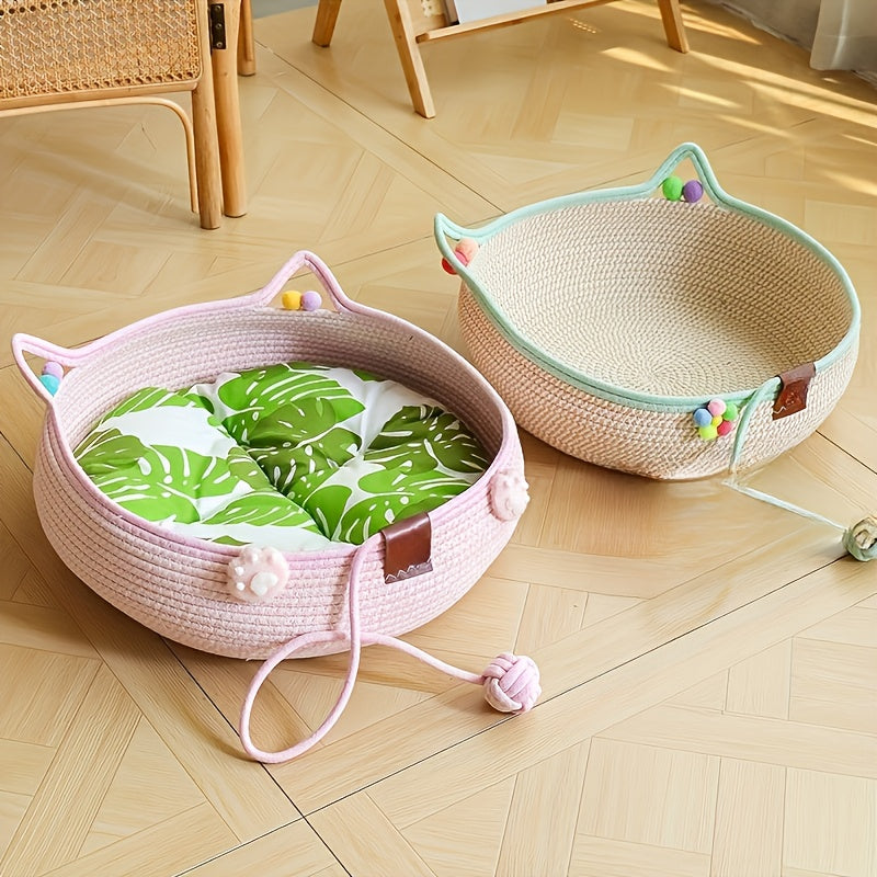 2-in-1 Cat Scratching Board & Bed Combo with Ball Toy – Durable Reusable Cardboard Scratcher Mat, Space-Saving Natural Style Cat Furniture for Indoor Cats, Small Dogs & Multi-Pet Households