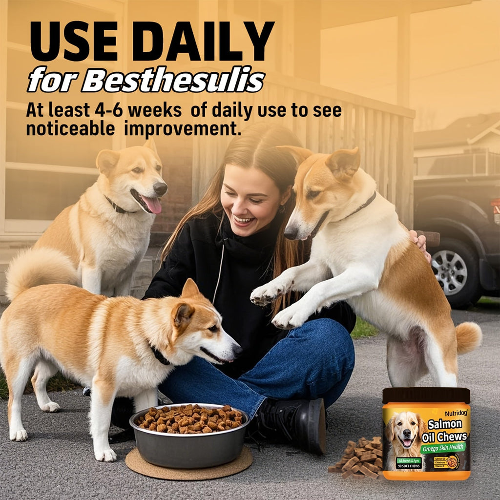 Dog Nutritional Supplement Soft Chews 90 Count with Probiotics Salmon Oil Chicken Flavor - Supports Coat Gut Health Immunity for Dogs All Ages 225g