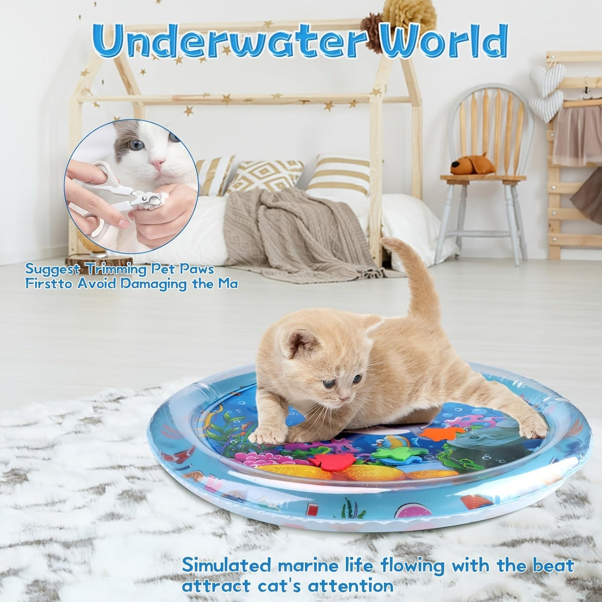 Interactive Cat Water Play Mat with Floating Fish – Splash-Proof PVC Sensory Toy for Indoor Cats, No Battery Needed, Boredom Relief Fun Cat Pad for Medium Breeds