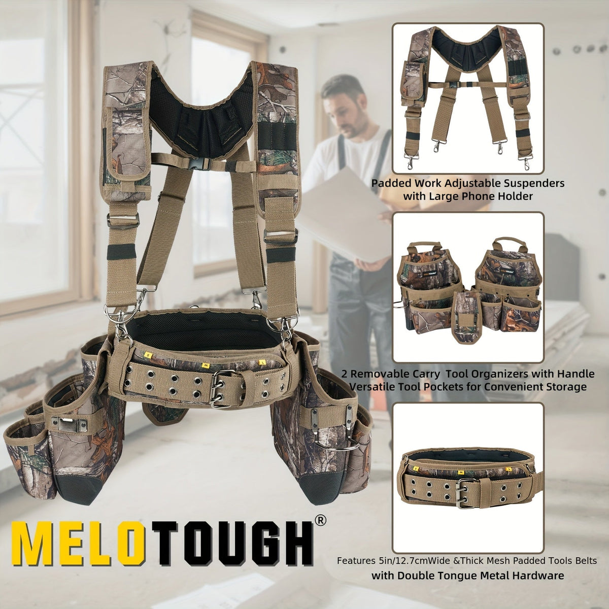 Heavy Duty Tool Belt with Suspenders 5-Piece Set – 1680D Ballistic Fabric, Carpenter Framer Construction Pouch with Phone Holder & Hammer Loop, Fits Electricians, Roofers & Contractors