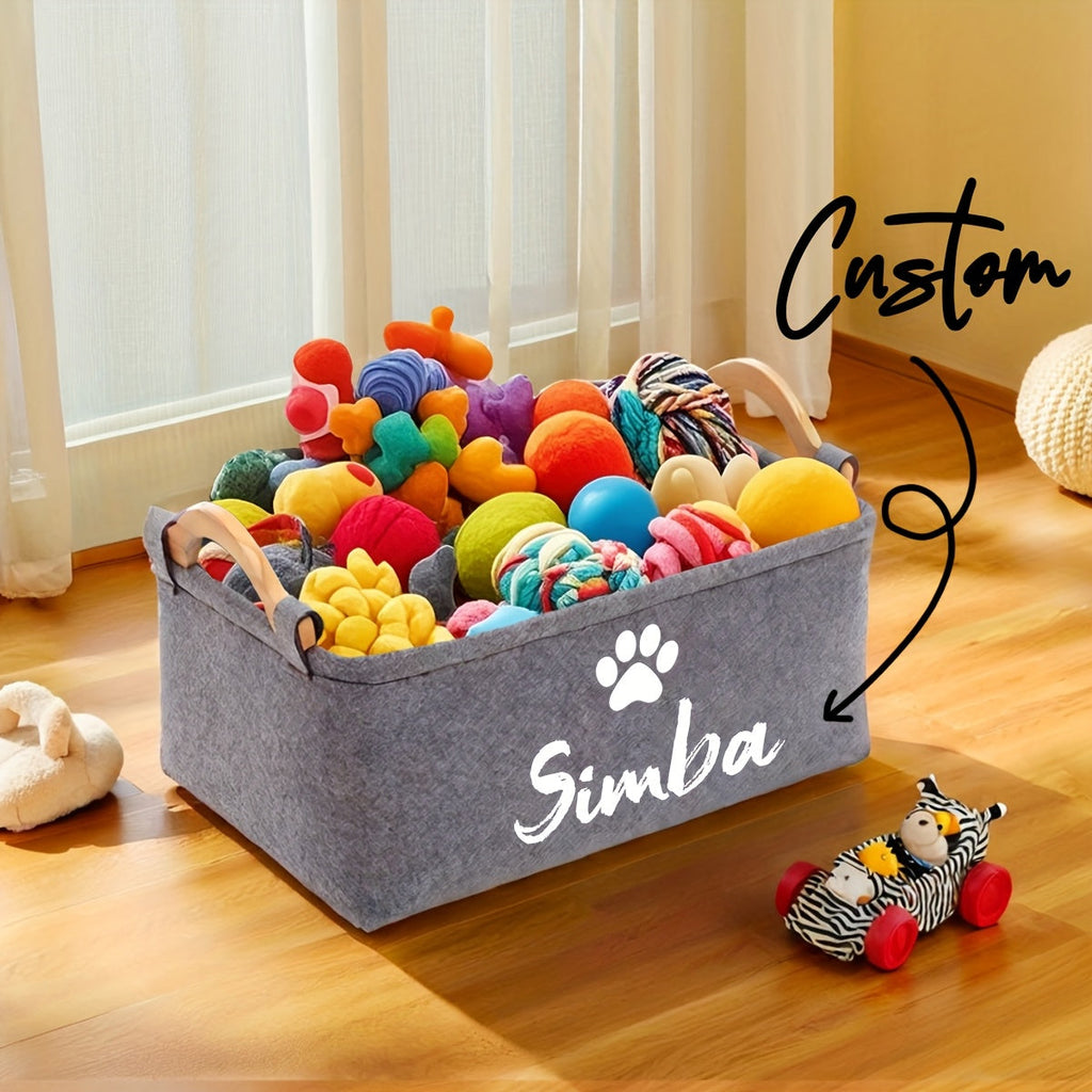 Foldable Pet Toy Storage Basket with Wooden Handles – Personalized Multifunctional Dog Toy & Clothing Organizer Box with Removable Washable Lining, Must-Have Pet Supply Storage for Home, Bedroom & Living Room