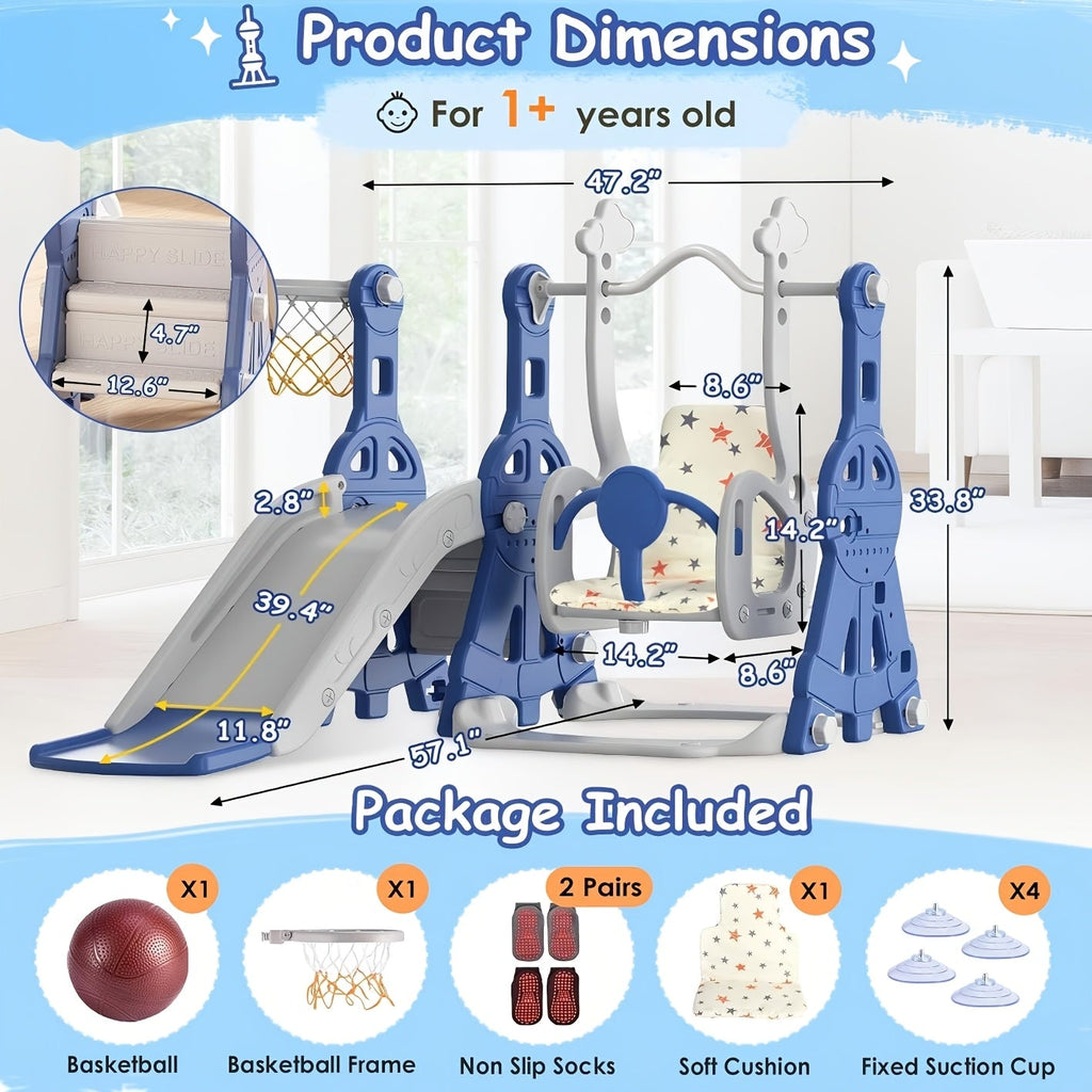 Toddler Slide and Swing Set 4-in-1 Heavy-Duty Indoor Outdoor Kids Playset with Extended Slide Adjustable Padded Swing Basketball Hoop & Enclosed Steps – Ages 1-3
