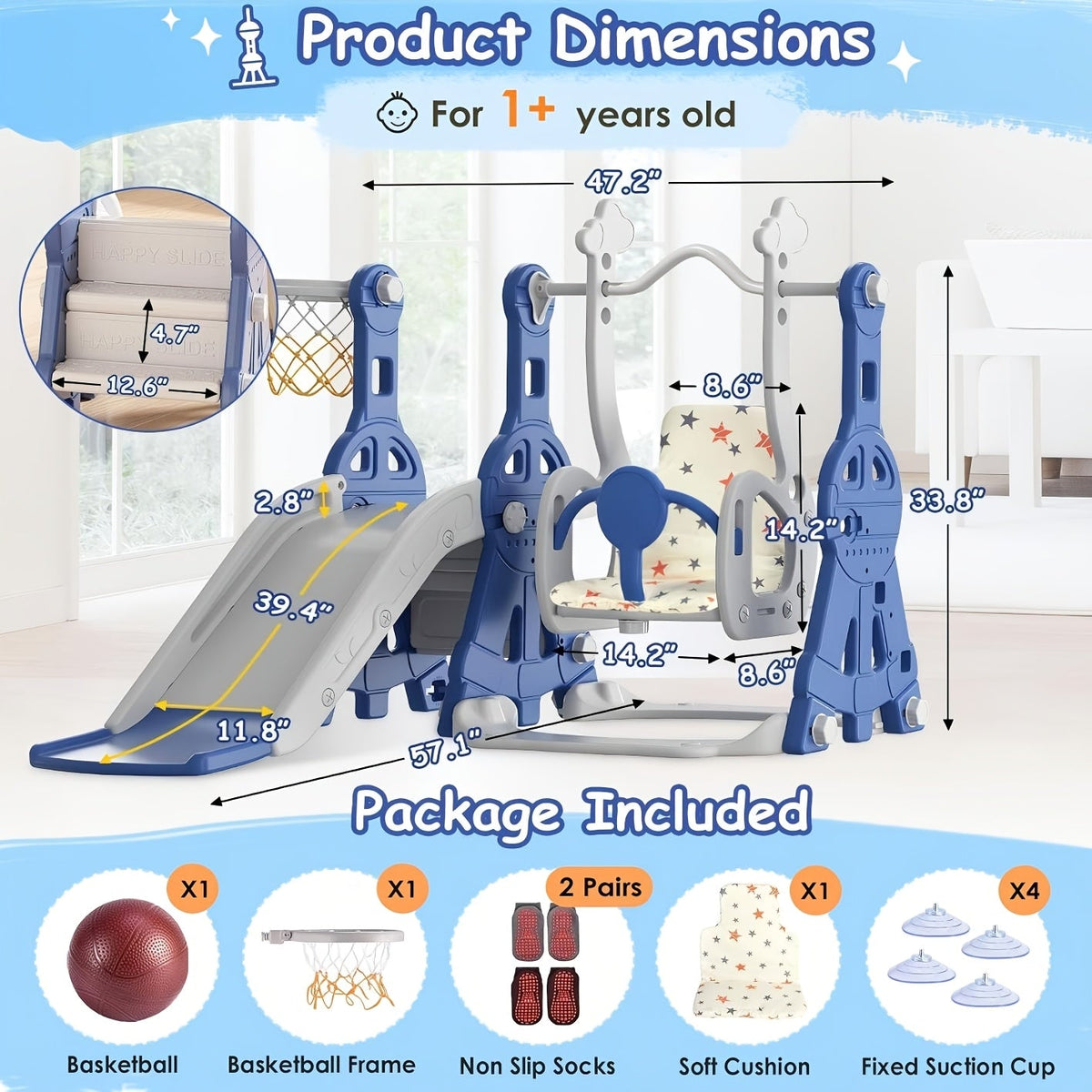 Toddler Slide and Swing Set 4-in-1 Heavy-Duty Indoor Outdoor Kids Playset with Extended Slide Adjustable Padded Swing Basketball Hoop & Enclosed Steps – Ages 1-3