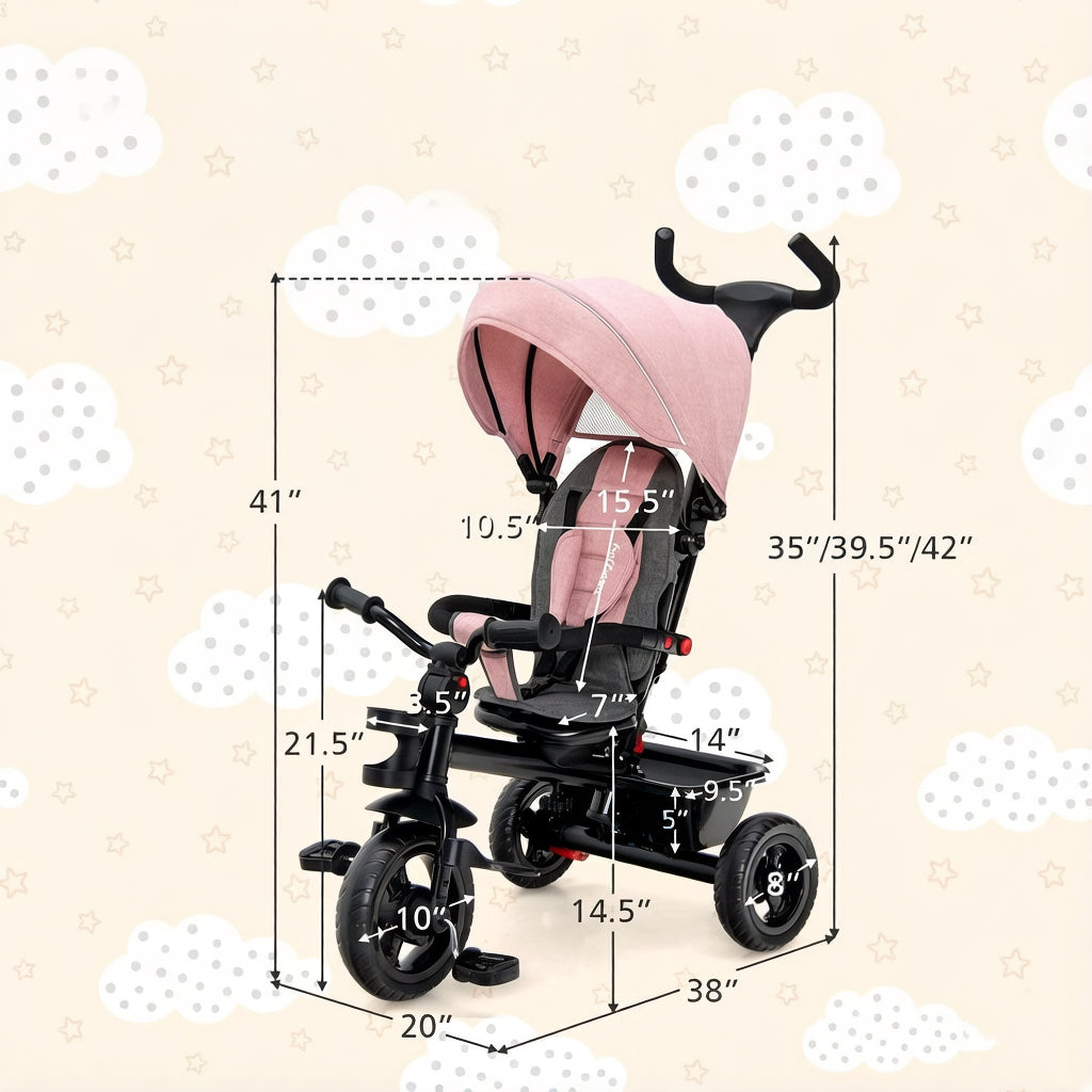 4-in-1 Toddler Tricycle with Adjustable Push Handle & Convertible Seat, Removable Canopy, Safety Harness & Storage Basket - Baby Push Trike for Kids 18 to 60 Months, Pink Ride On Bike Gift for Girls