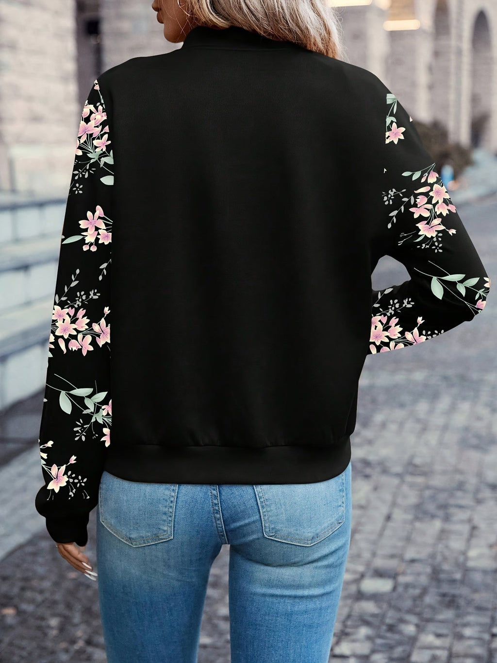 Floral Print Zip Up Jacket Women's Baseball Collar Long Sleeve Spring Fall Lightweight Coat Casual Outerwear Black S M L XL XXL