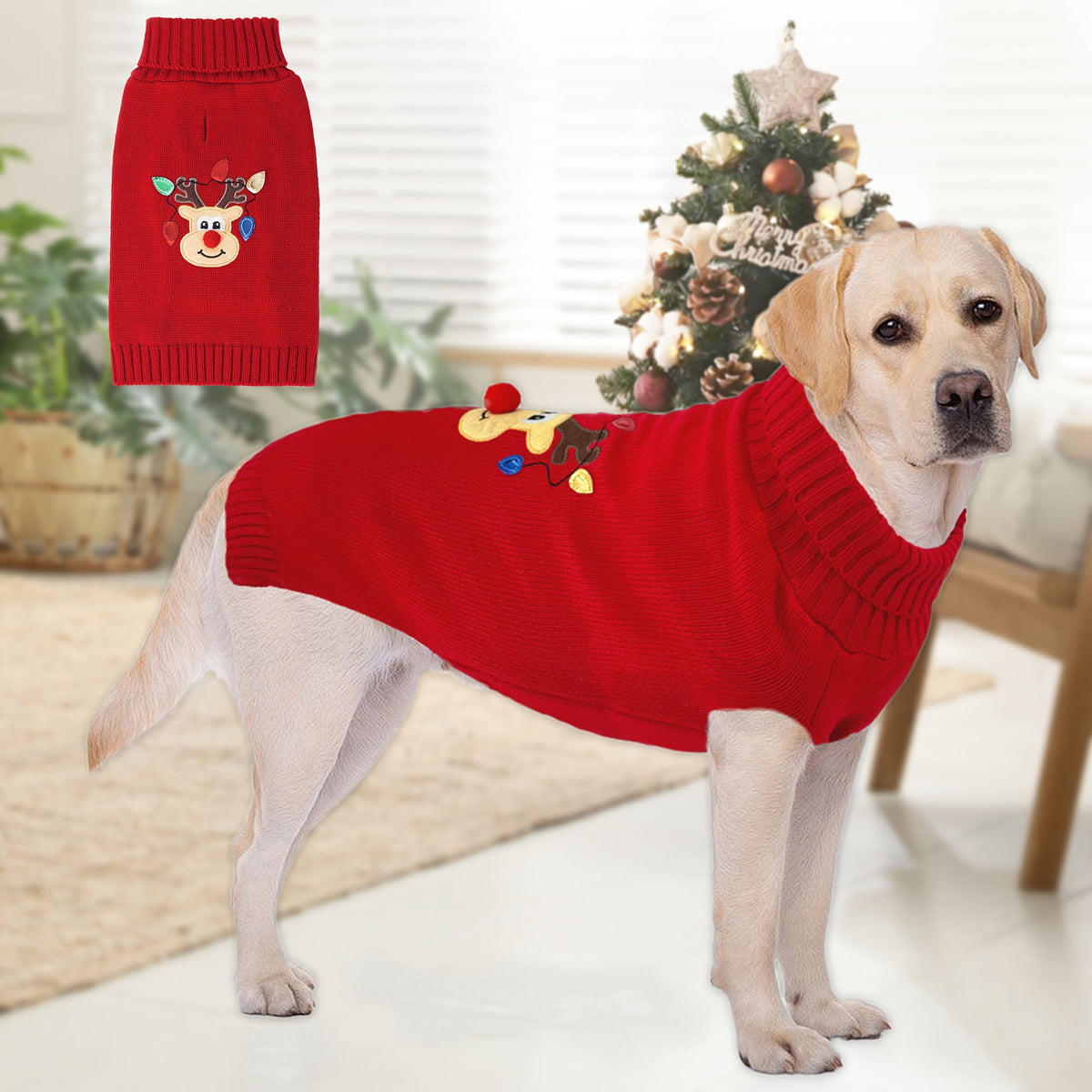 Christmas Deer Dog Sweater – Thickened Knitted Turtleneck Winter Sweater for Medium and Large Dogs, Soft Warm Festive Red Holiday Knitwear for Labrador Rottweiler Beagle, Elastic Cozy Dog Apparel
