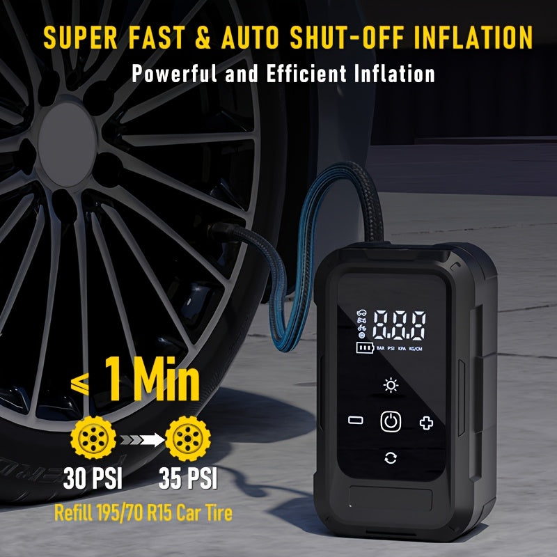 Portable Cordless Tire Inflator – Smart Wireless Air Compressor with Digital Tire Pressure Gauge & LED Light for Cars, Motorcycles, Bicycles & Balls, Type-C Fast Charging