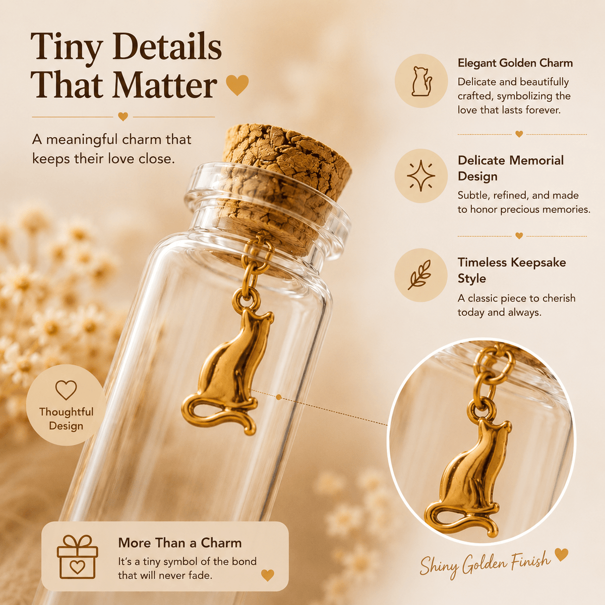 Pet Hair Keepsake Jar Set 2pcs – Glass Memory Bottles with Golden Cat Charm for Pet Fur, Whiskers & Handwritten Notes, Cat & Dog Memorial Gift for Pet Lovers