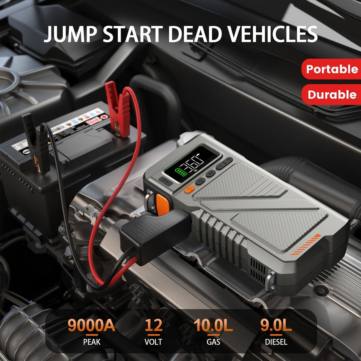 6000A/9000A Portable Jump Starter with 150 PSI Air Compressor – 7-in-1 Jump Box with Digital Tire Inflator & Battery Pack for Gas (10L) & Diesel (9.0L) Engines, Car Jumper Starter with USB Ports