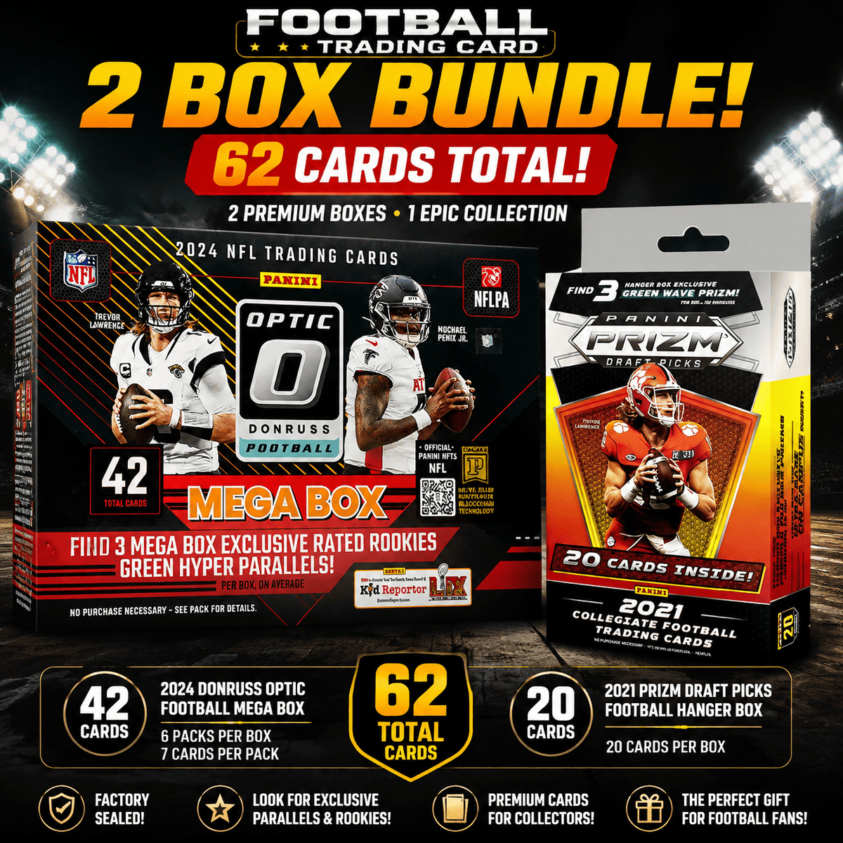 2024 Panini Donruss Optic Football Mega Box + 2021 Prizm Draft Picks Hanger Box Bundle - 62 Cards Total, Factory Sealed Football Trading Card Set for Collectors