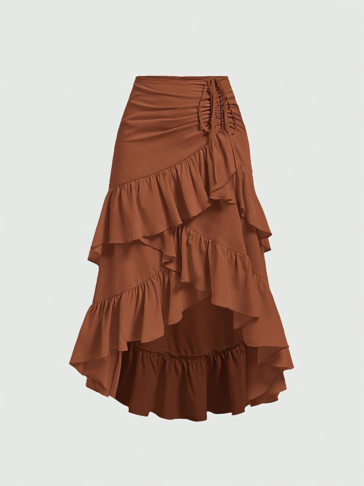 Women's Asymmetrical Pleated Hem Multi-Layer Midi Skirt – Flowy Chiffon-Style 100% Polyester Spring Fall Fashion Tiered Ruffle Swing Skirt