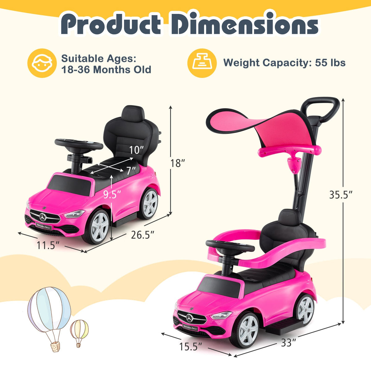 Mercedes-Benz Licensed 3-in-1 Ride-On Push Car for Toddlers 18-36 Months, Kids Sliding Car with Steering Wheel Sound, Push Bar, Adjustable Canopy & Under-Seat Storage - Pink Baby Walker Stroller Gift