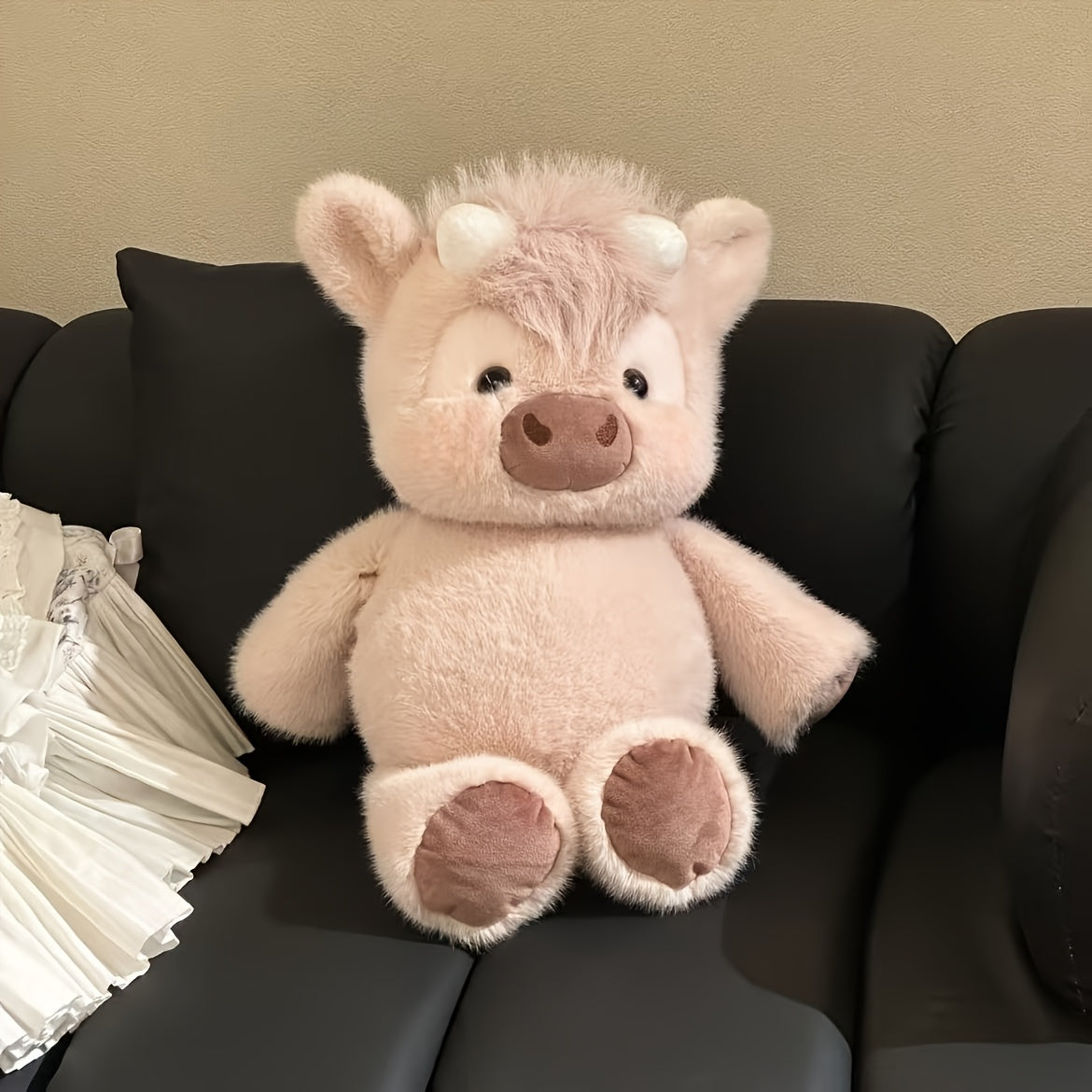 Kawaii Highland Cow Plush Toy 15.7 Inch – Cute Soft Stuffed Animal for Girls, Fluffy Highland Cow Stuffed Plushie, Perfect Valentine’s Day Easter Birthday Christmas Gift (White/Pink/Light Brown)