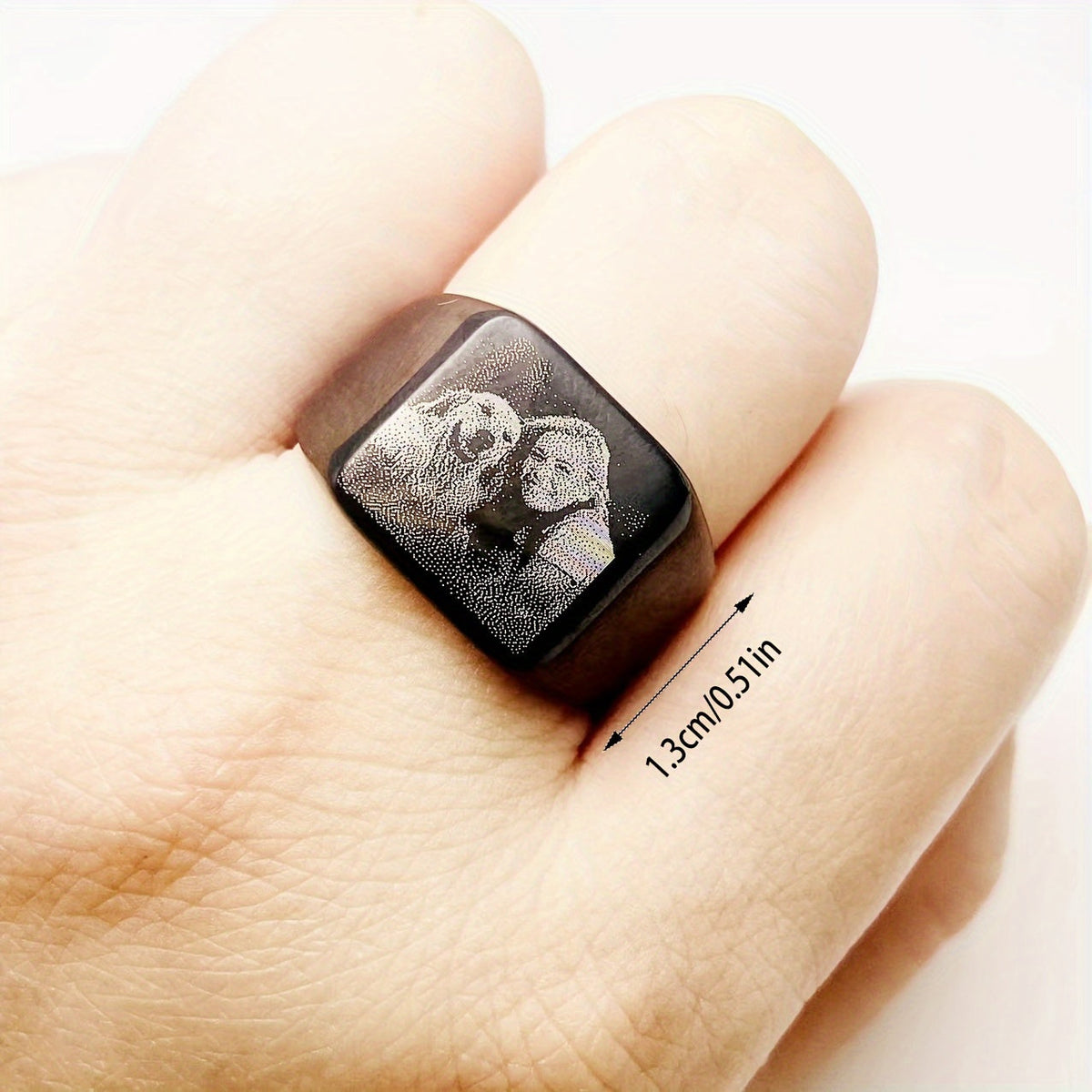 Custom Laser Engraved Dog Memorial Ring – Personalized Pet Photo Tribute Stainless Steel Square Band, Unisex Sizes 7–12, Black Finish Memorial Friendship Jewelry for Men & Women