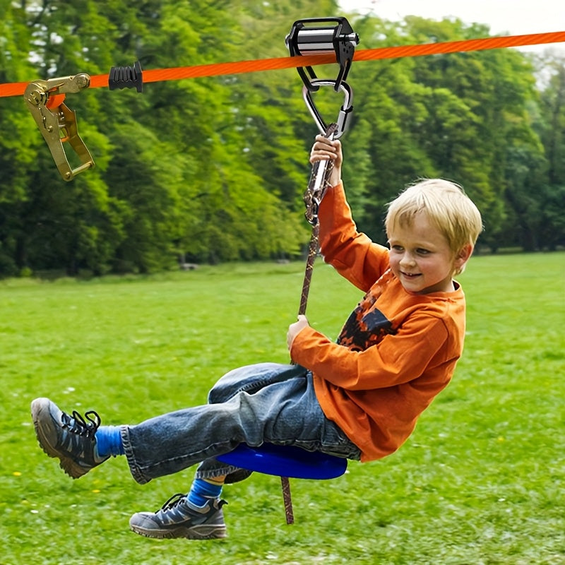 Backyard Zipline Kit 9-Piece Set for Kids & Adults, Outdoor Zip Line with Slim Pulley, Triangular Hook, Flat Strap, ABS Swing Seat & Carry Bag - Backyard Zip Line Accessories for Trees, Outdoor Play Set