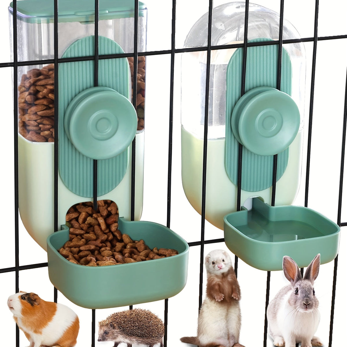 Hanging Cage Pet Feeder & Waterer Set 35oz - Auto Gravity Food & Water Dispenser for Cats Dogs Rabbits Chinchillas Ferrets Hedgehogs - Battery-Free Cage Mount Feeding Station for Small Animals (Green)
